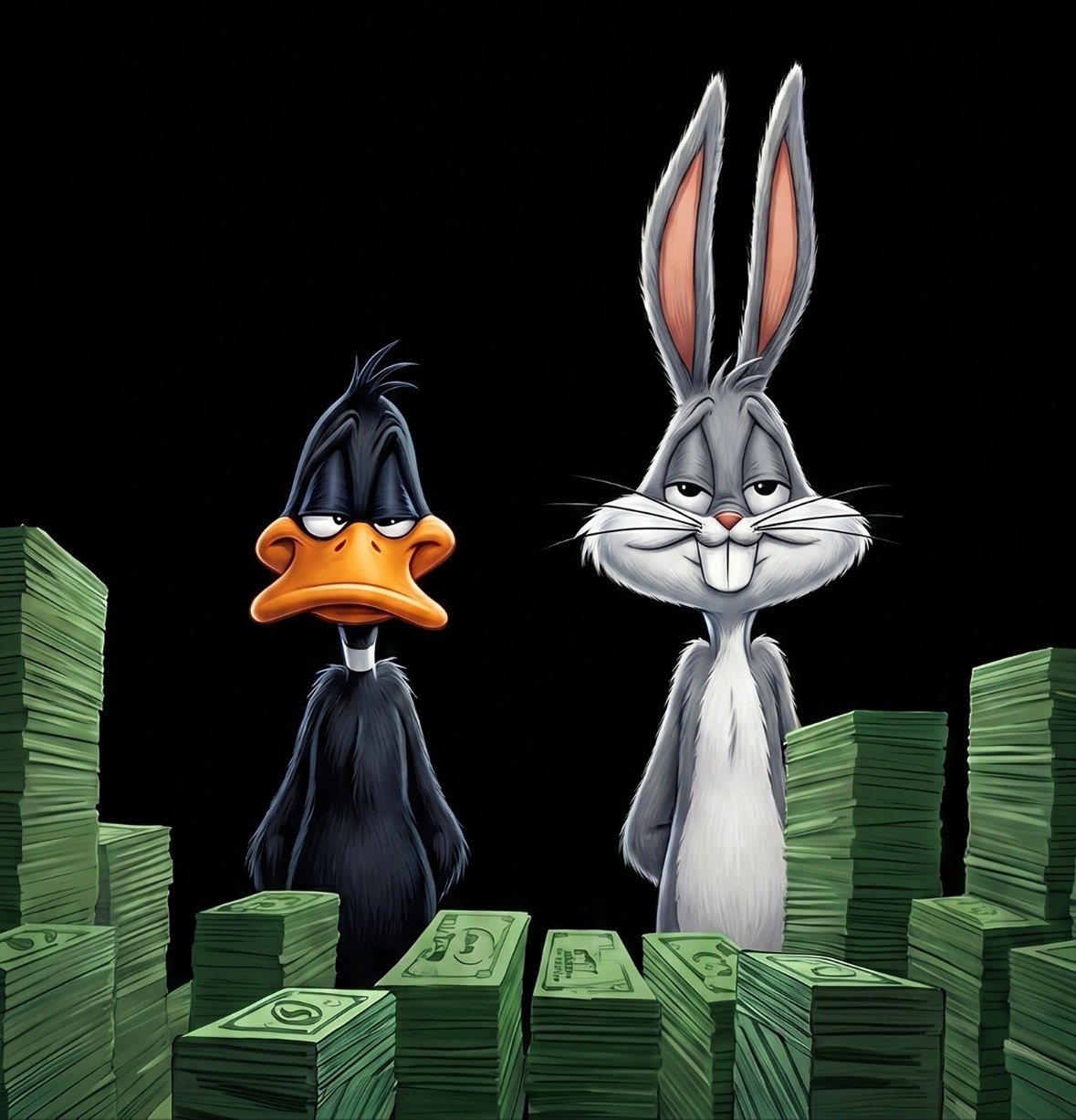 Bugs Bunny and Daffy Duck with stacks of cash